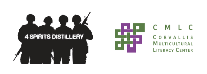 Logos for 4 Spirits Distillery and C orvallis Multicultural Literacy Center