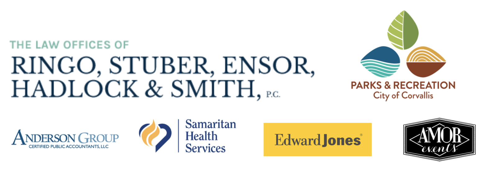 Logos for major sponsors of Gala: Ringo Stuber Ensor Hadlock & Smith Attorneys at law, Anderson Group CPAs, Samaritan Health Services, Edward Jones Financial Planners, and Amor Events
