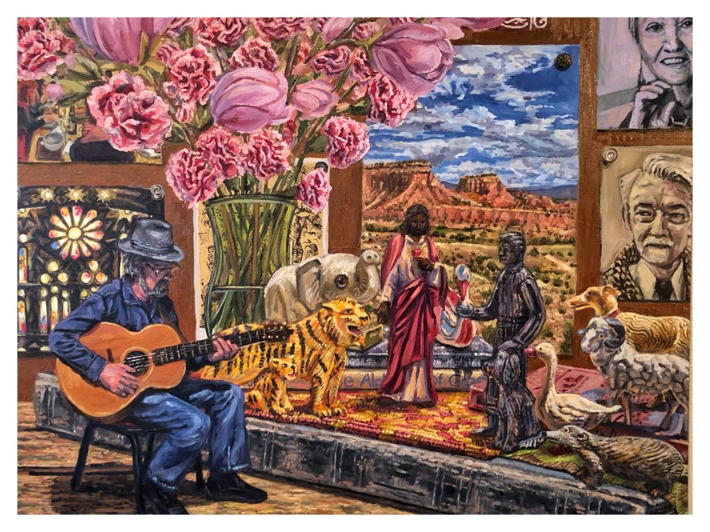 Painting includes man playing guitar, tiger, sheep, dog,  statuary, large pink bouquet, and images that may be ancestors past
